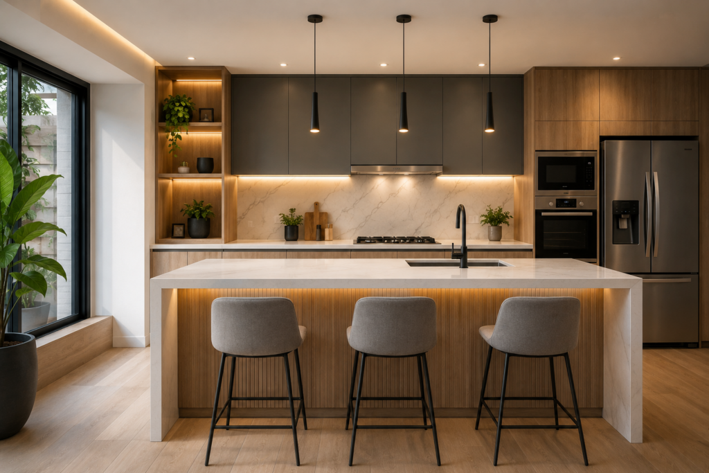 Remodelación de cocina moderna realizada por TGS Construcción en Santiago de Chile con diseño funcional y materiales de alta calidad