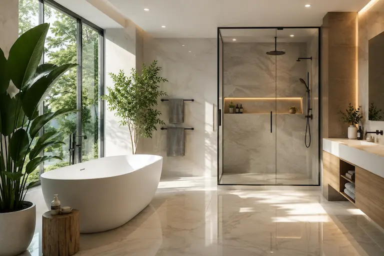 Baño amplio con tina independiente, luz natural y plantas — TGS Construcción Santiago