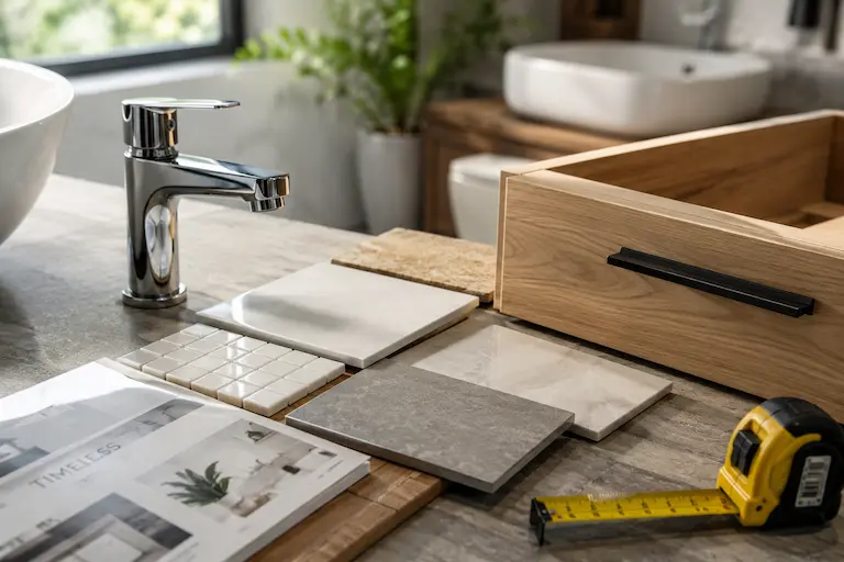 Muestras de cerámica y porcelanato para remodelación de baño — TGS Construcción