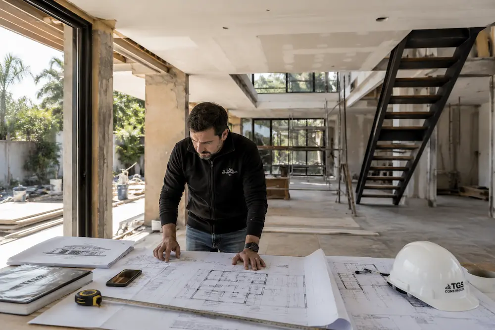 Planos de remodelación y permisos municipales sobre mesa de trabajo — TGS Construcción Santiago