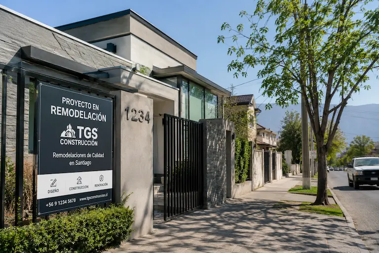 Barrio residencial en Santiago con letrero de obra — TGS Construcción