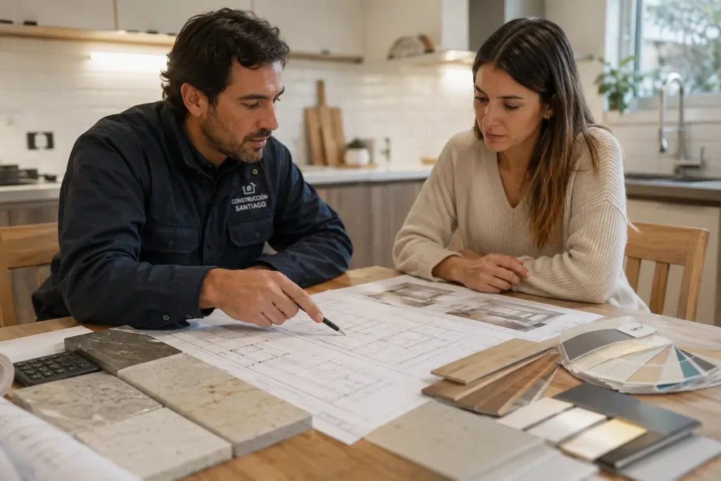 Contratista profesional chileno revisando planos con clientes en cocina moderna