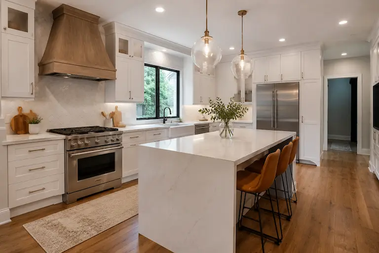 Cocina moderna remodelada con gabinetes blancos, isla central y mesón de cuarzo — TGS Construcción Santiago