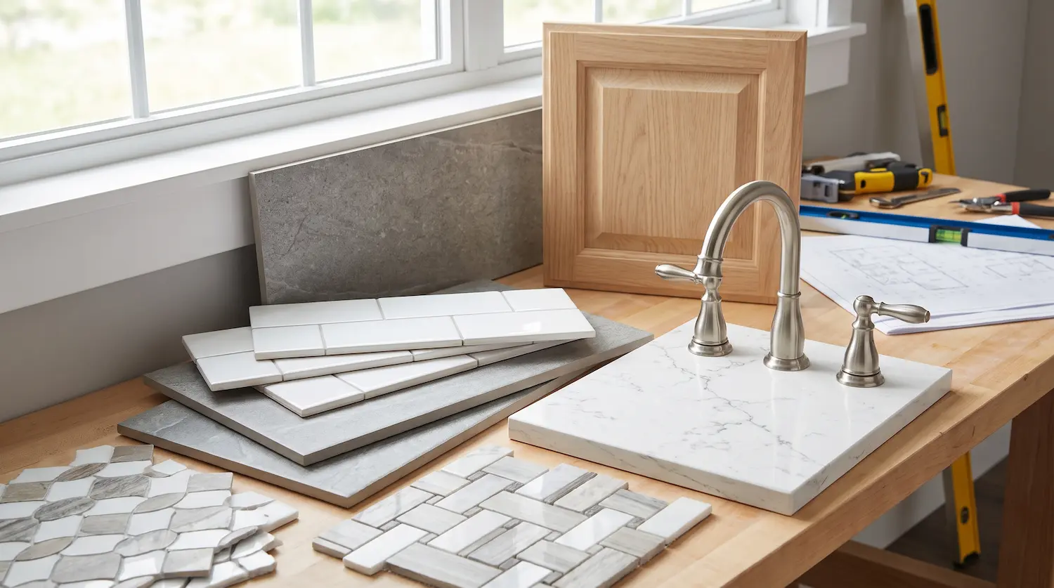 Muestras de materiales para remodelación de baño: cerámica, grifería y cuarzo — TGS Construcción