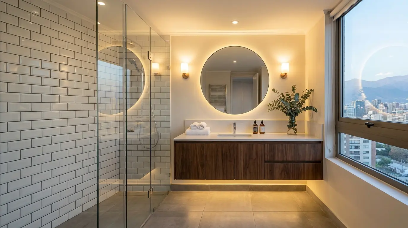 Baño pequeño remodelado con ducha walk-in y cerámica de porcelanato — TGS Construcción