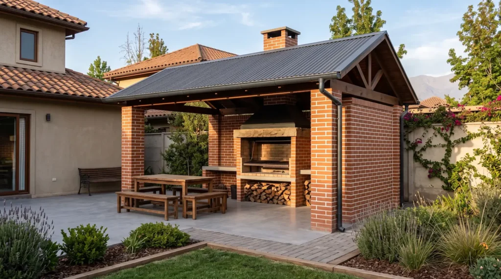 Quincho de ladrillo recién construido en patio de Santiago, con parrilla de piedra y techo de zinc