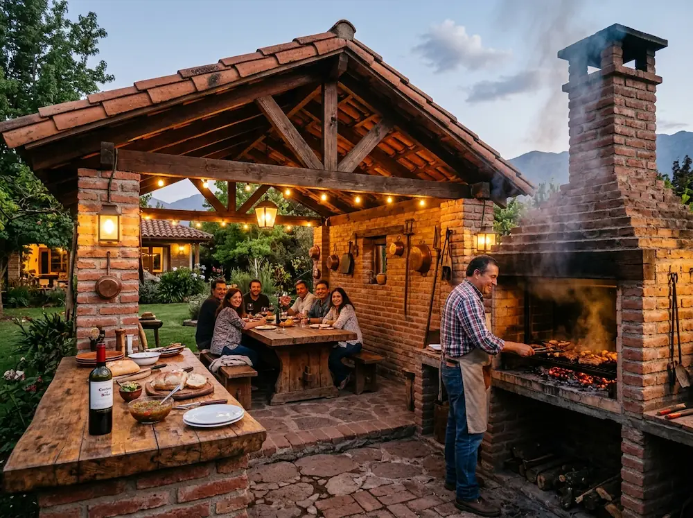 Quincho chileno con parrilla de obra y techo de tejas — TGS Construcción