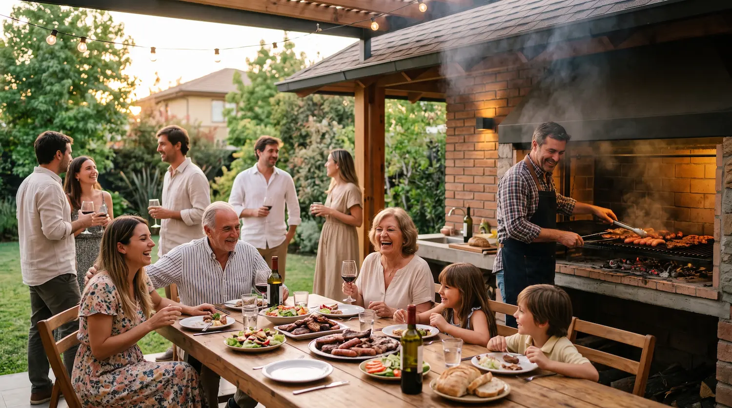 Familia chilena disfrutando un asado en un quincho durante el verano