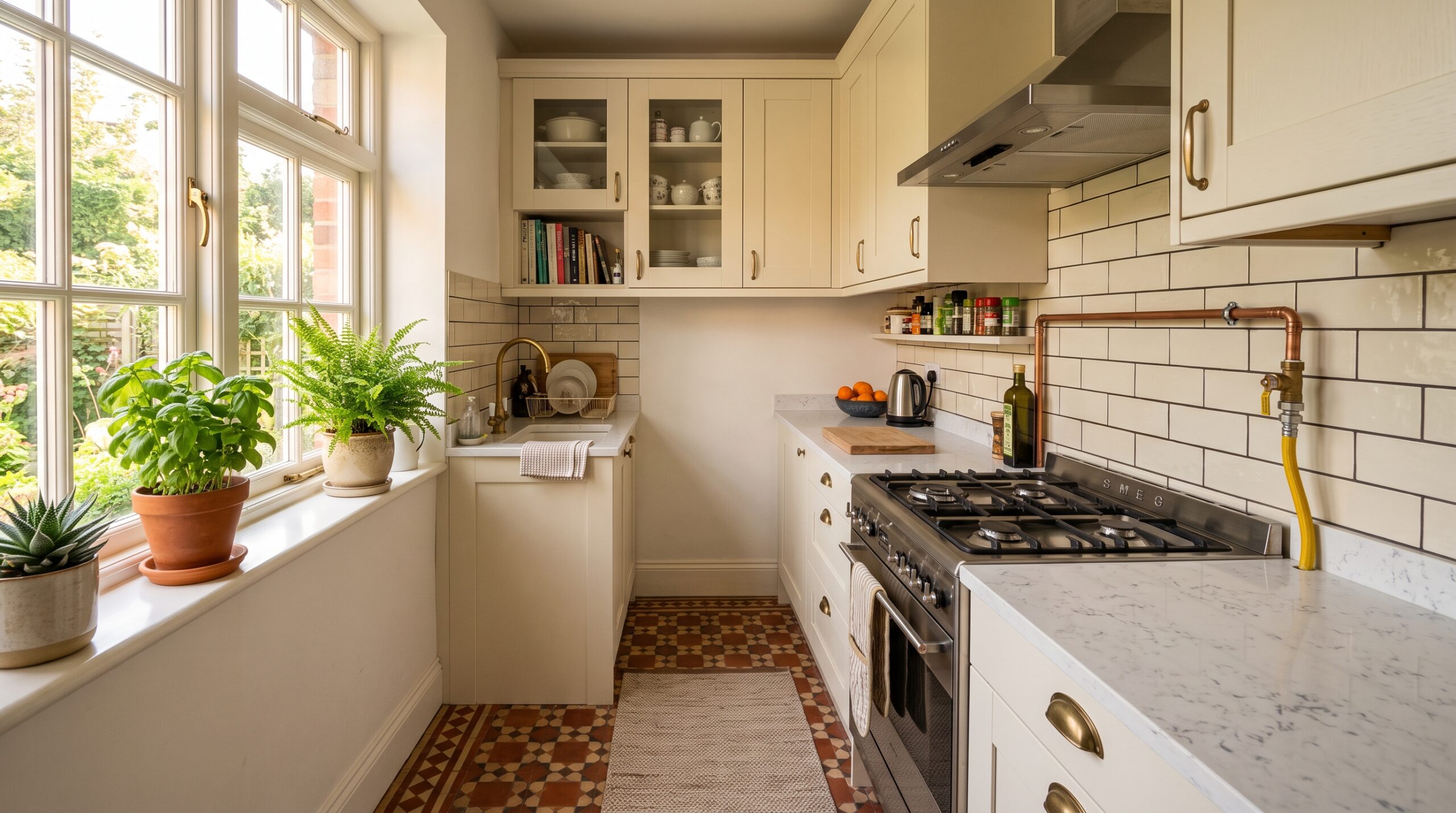 Cocina con muebles color crema, mesón de cuarzo y conexión de gas visible