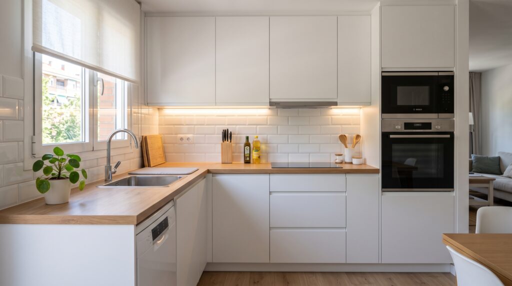 Cocina pequeña remodelada con muebles blancos hasta el cielo y mesón de madera clara
