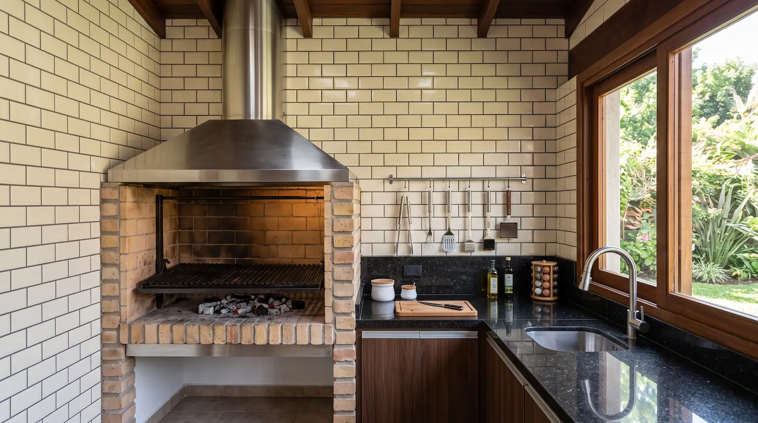 Interior de quincho con parrilla de ladrillo, mesón de granito y cerámica en muros