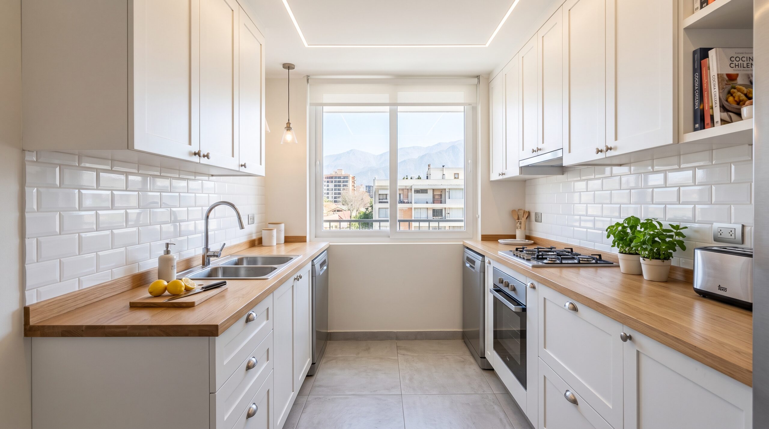 Cocina de departamento remodelada en Santiago con mesón de madera y cerámica de piso