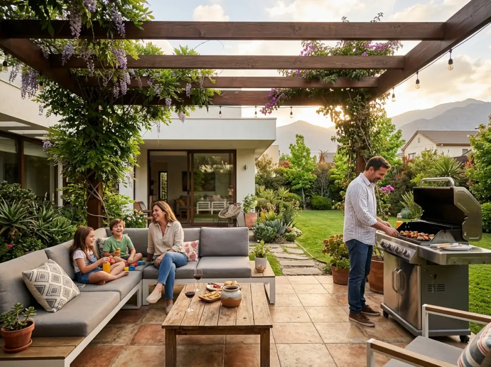 Terraza moderna con pérgola de madera y parrilla en patio — TGS Construcción